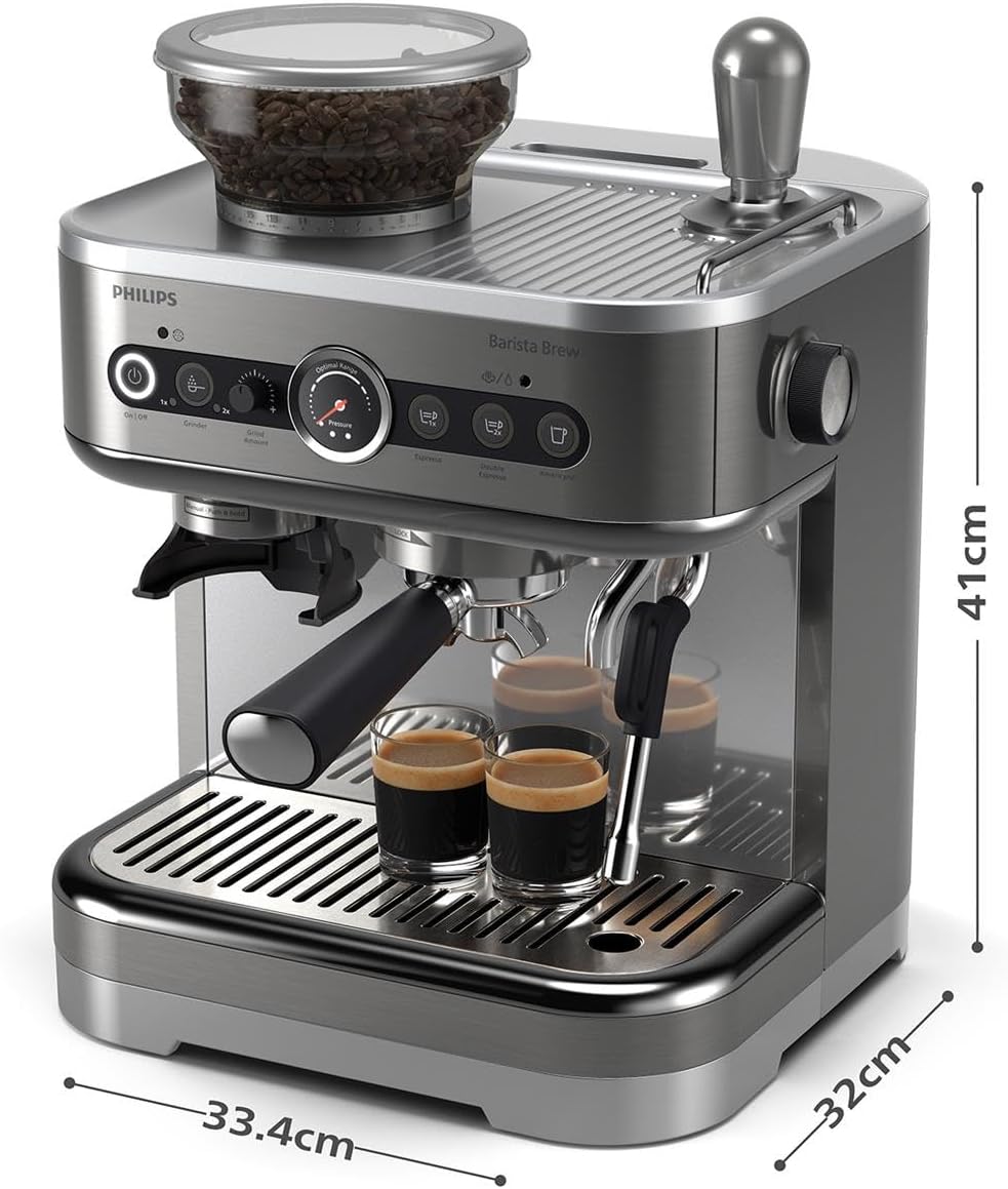 Philips Barista Brew Macchina da caffè espresso semiautomatica - Tasto Espresso singolo e doppio + Americano, Contenitore per chicchi da 250 g, Guida intuitiva, Pressatura calibrata, Argento metallizzato (PSA3218/01)