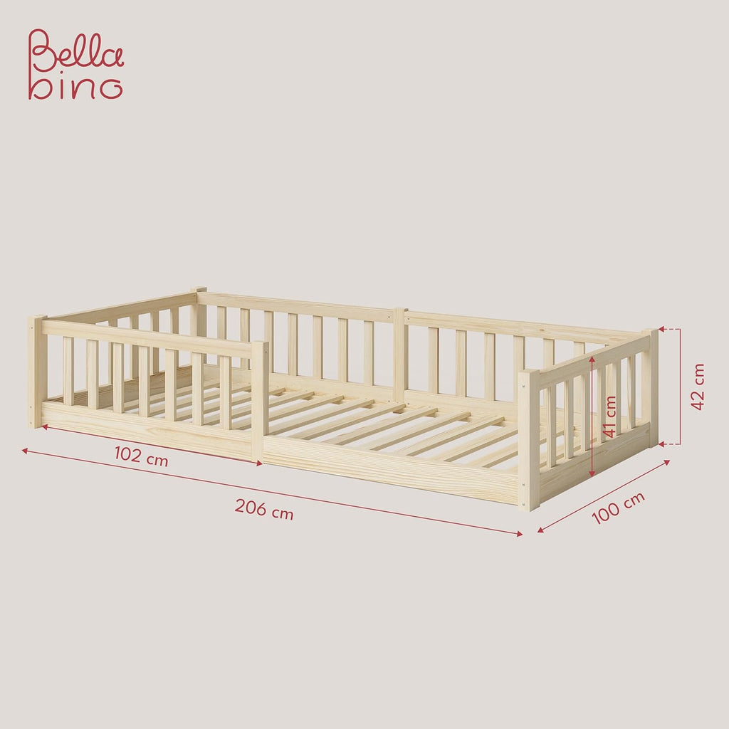 Bellabino Vere Letto a Pavimento 140x200 Montessori, Letto Matrimoniale con Protezione Anticaduta e Rete a Doghe, Letto per Bambini e Bambine in Legno Massello di Pino Bianco con Sbarre