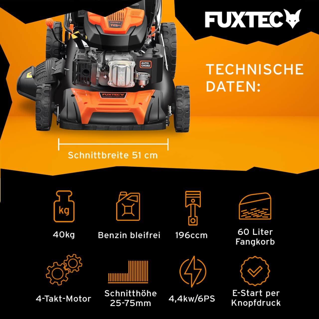 FUXTEC Tosaerba a Benzina 4in1 FX-RM5196eSPRO con Avviamento Elettrico e Trazione Regolabile, Rasaerba con Paraurti Anteriore, Larghezza di Taglio 51 cm, Ruote Big Wheel con Cuscinetti a Sfera, Cesto Raccoglierba da 60L