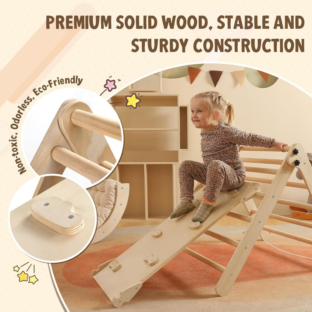 Set di triangoli con cuscino, set da arrampicata Montessori 5 in 1 pieghevole, set da gioco per interni per bambini piccoli, giocattolo da arrampicata in legno con rampa e arco da arrampicata per bambini (colore legno)