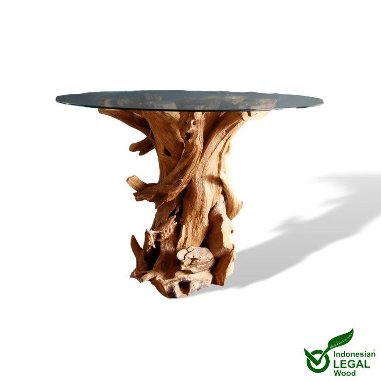 Tavolo da pranzo in legno di radica IKAL con piano in vetro 100 cm