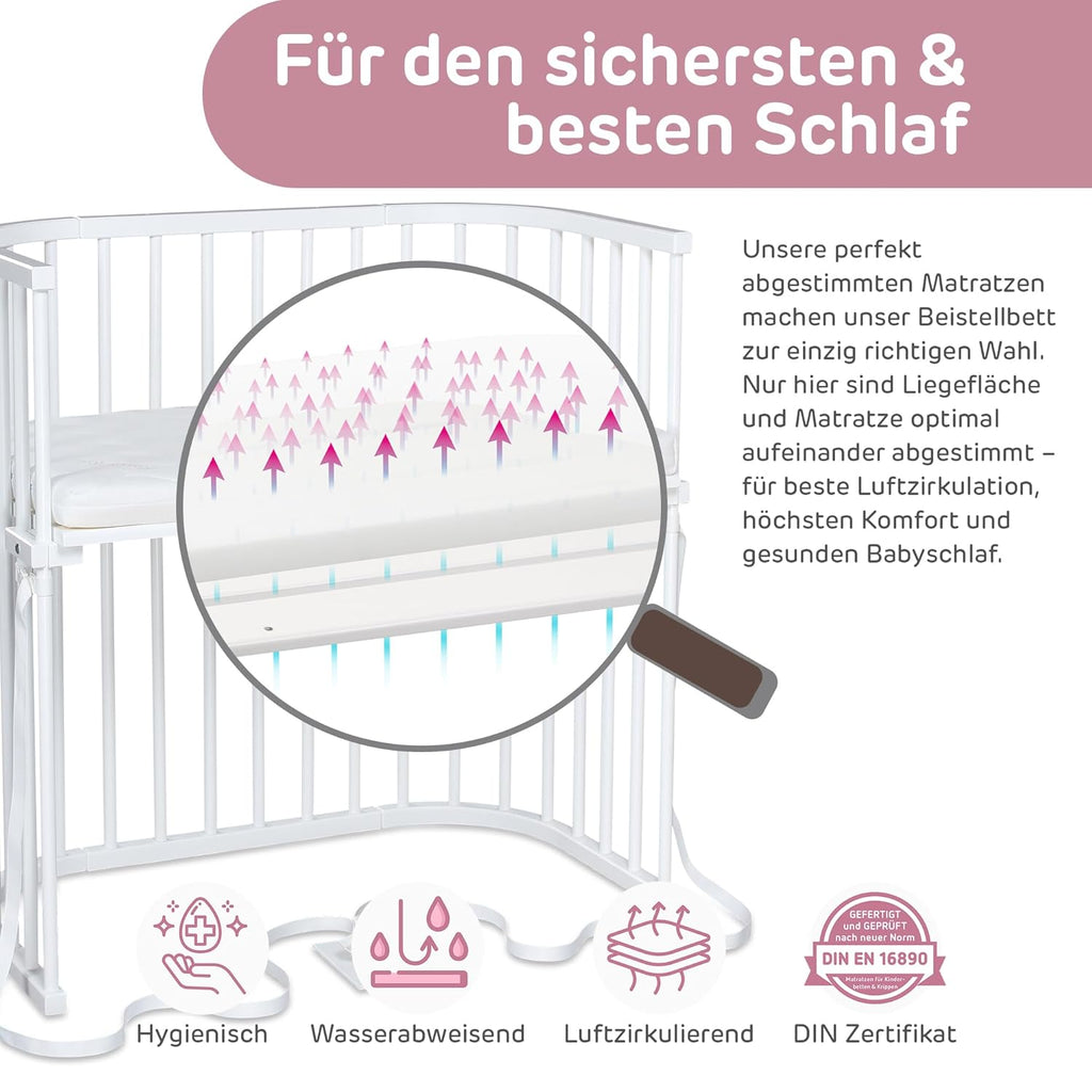 babybay Original Lettino da affiancare in massello di faggio / compatto e trasformabile / Altezza regolabile senza livelli preimpostati ed ecologico / Lettino evolutivo (laccato bianco) / Materasso incluso