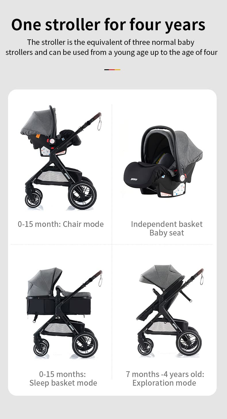 YAZOCO kinderwagen, kinderwagen 3 in 1 Kombikinderwagen reisesysteme mit Moskitonetz Regenschutz Fußsack, Zusammenklappen, Liegeposition