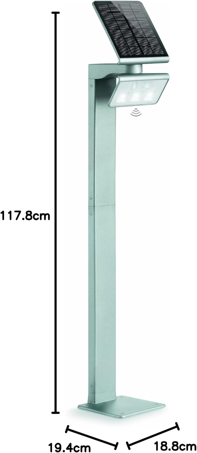 Steinel Lampada solare a LED XSolar GL-S argento, regolabile in altezza, 150 lm, sensore di movimento a 140°, raggio d'azione 5 m, luce di base