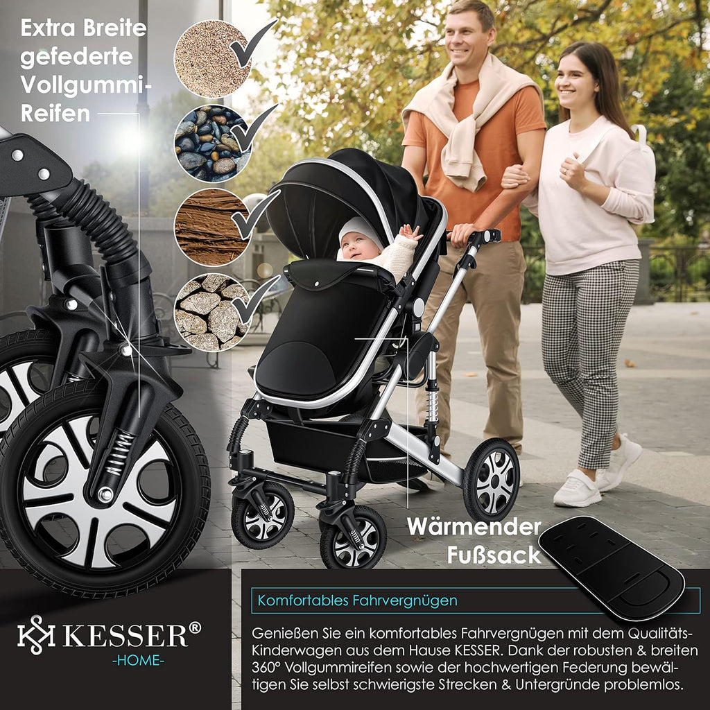 KESSER Passeggino trio Loops 3 in 1, set completo con navicella, seduta sportiva e seggiolino auto con pneumatici in gomma piena, borsa fasciatoio, parapioggia, tavolino, ECE R129, nero/champagne