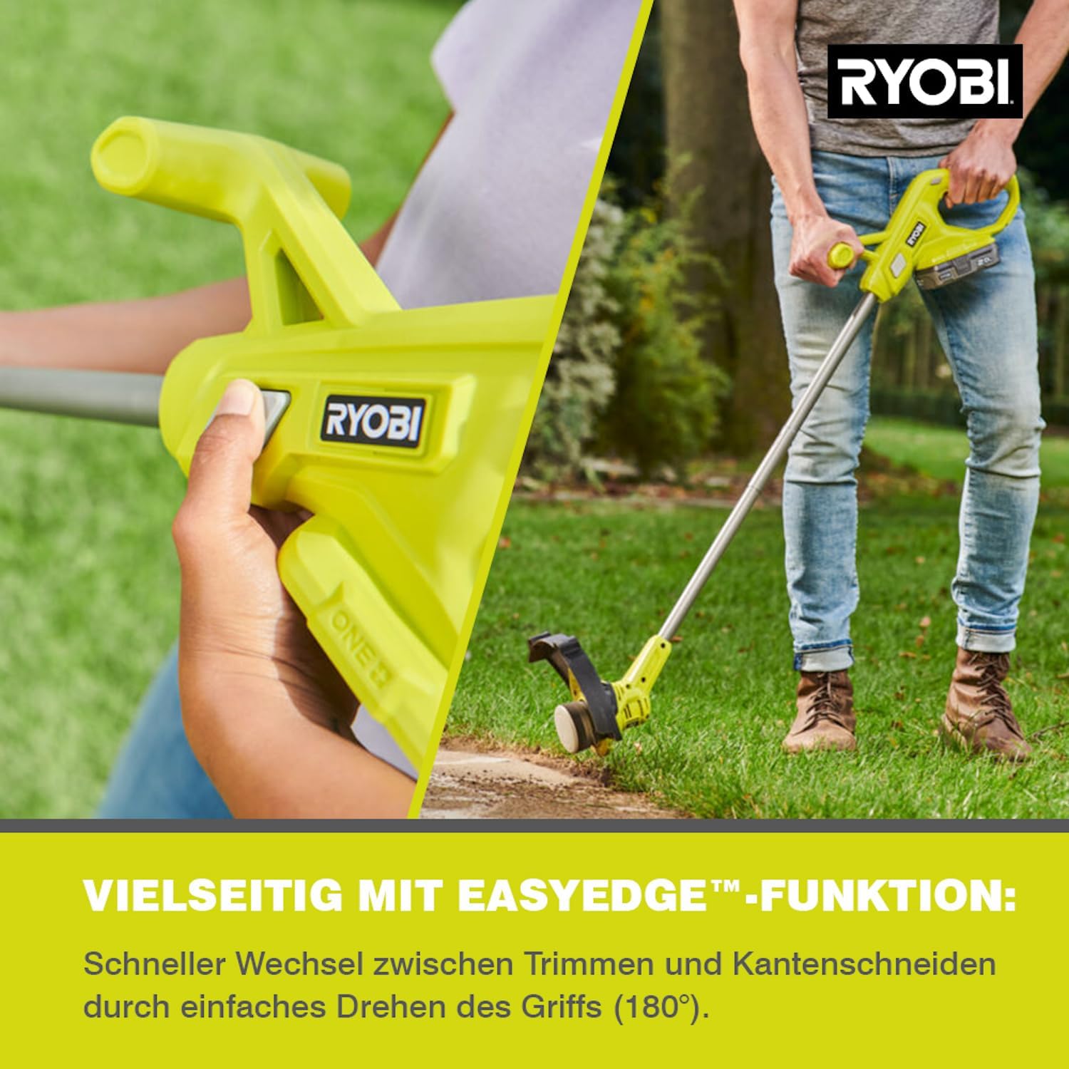 RYOBI 18 V ONE+ Akku-Rasentrimmer mit Radführung RY18LT33A-0 (33 cm Kantenschneidefunktion mit Fußsteuerung, Ø Fadenspule 1 x 1,65 mm, ohne Akku und Ladegerät)