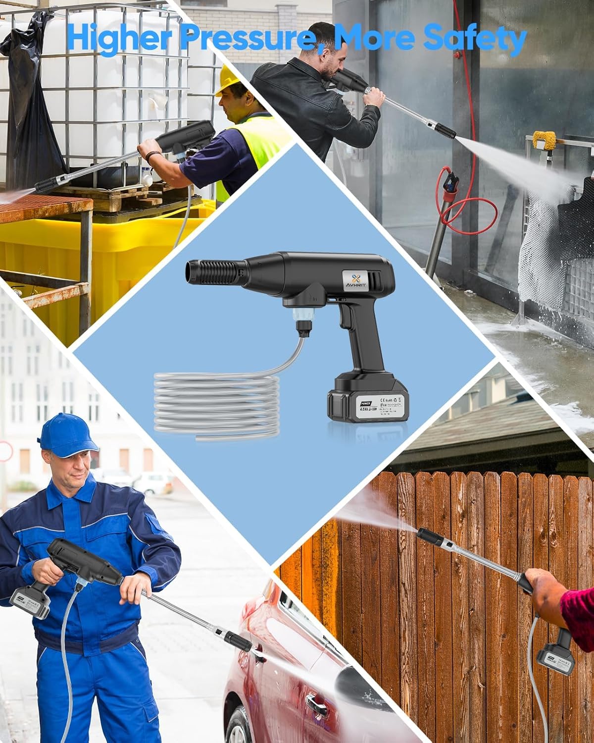 Avhrit Akku-Hochdruckreiniger, 800PSI Portable Power Cleaner mit wiederaufladbarer 4.0Ah Batterie 6-in-1 Düse, Handhochdruck-Auto-Waschpistole für Haus/Boden Reinigung Bewässerung
