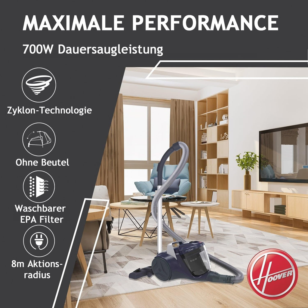 Hoover Aspirapolvere per Peli di Animali Domestici BREEZE PET con Bocchetta per Animali Domestici I Aspirapolvere senza sacco per peli di cane e gatto I Con asta regolabile, filtro EPA, cavo da 5 m con avvolgimento automatico e impugnatura