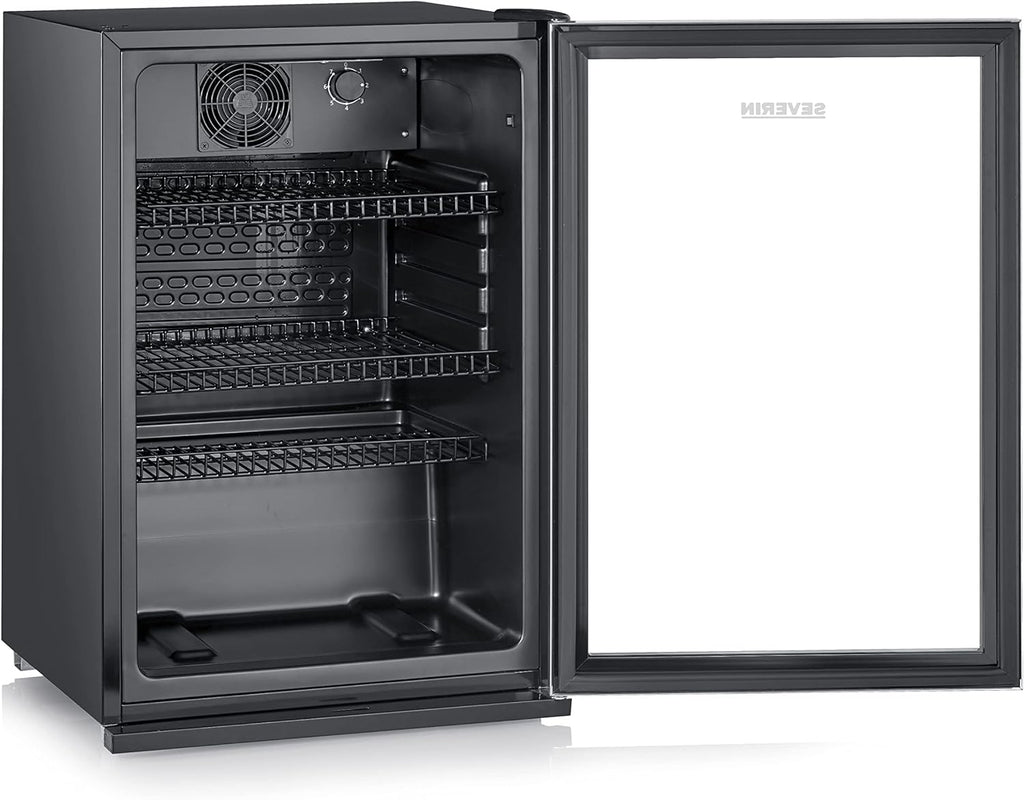 SEVERIN Flaschenkühlschrank, mit integriertem Schloss und integrierter LED-Beleuchtung, 118 L Nutzinhalt, schwarz/silber, FSK 8840