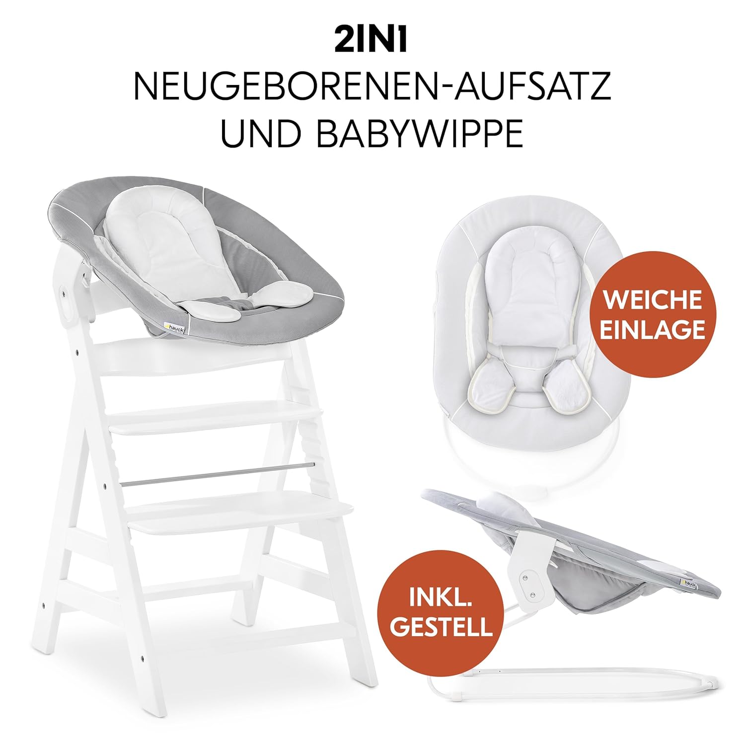 hauck Hochstuhl Alpha Plus Newborn Set mit 2in1 Bouncer - Mitwachsender Holz Babyhochstuhl ab Geburt, inkl. Sitzauflage & Neugeborenenaufsatz - Dark Grey