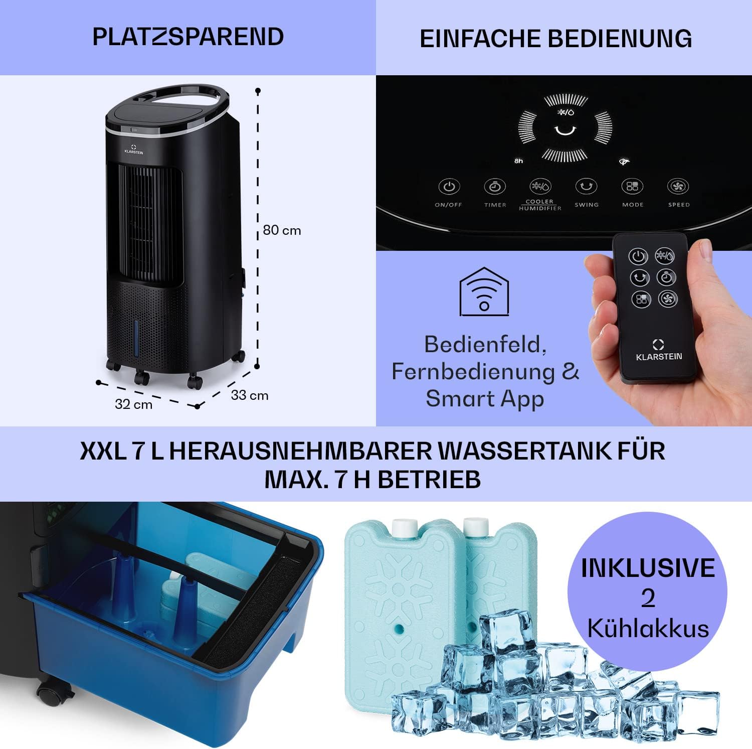 Klarstein Raffreddatore d'aria con Raffreddamento ad acqua, Raffrescatore Evaporativo Silenzioso 4-in-1, Umidificatore, Ventilatore e Modalità Notte, Raffrescatore Evaporativo Portatile 7L, 65W Air Cooler, Flusso d'aria di 330m³/h