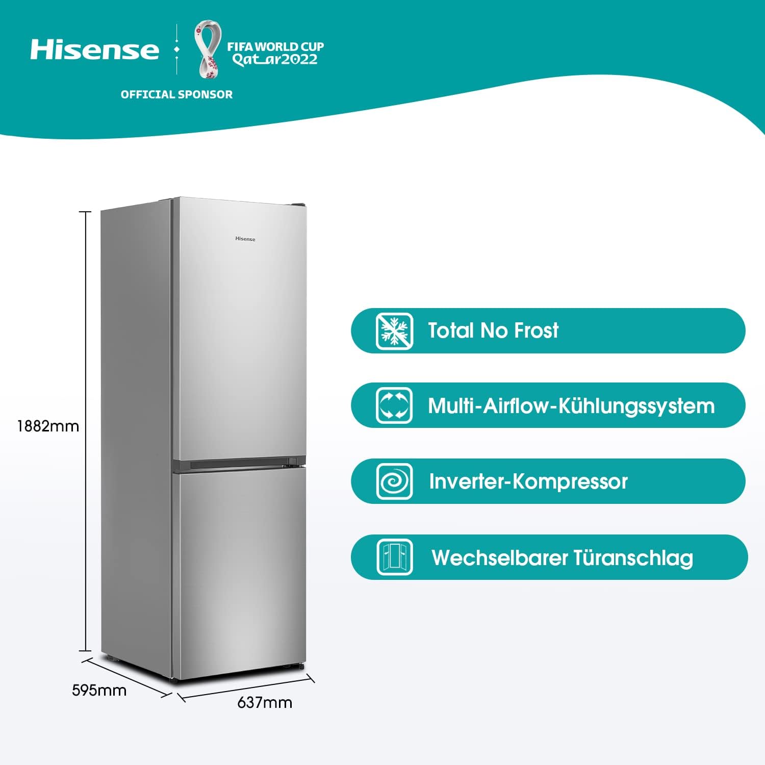 Hisense RB327N4ADD Frigorifero Combinato, Classe Energetica D, Total NoFrost, Porta Reversibile, Griglia Portabottiglie, Vano Frigo 171 Litri, Vano Congelatore 85 Litri, Look Acciaio Inox