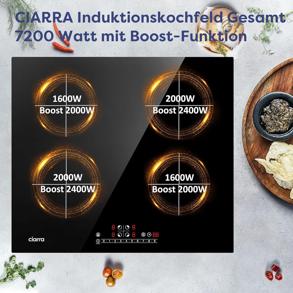 CIARRA CBBIH4B Piano Cottura a Induzione da Incasso a 4 Zone con Power Booster, Controllo Touch, 4 Piastre, 9 Livelli di Potenza, 60 cm (7.200 W)