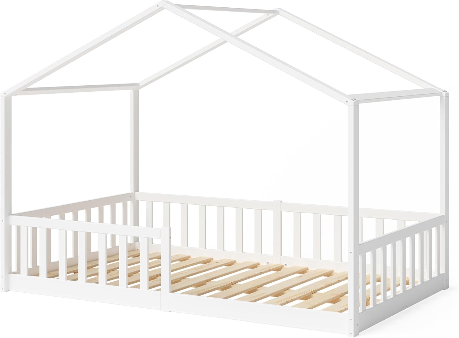 Bellabino Lettino per bambini Bia 140x200 cm, letto a capanna per bambini con protezione anticaduta e rete a doghe arrotolabile, letto a terra Montessori bianco in legno massello di pino