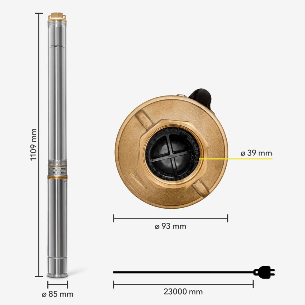 TROTEC Tiefbrunnenpumpe TDP 7501 E – Wasserpumpe mit Fördermenge 6000 l/h, 1100 W – Förderhöhe 90 m, ø 8,6 cm, IP68 für Pumpe, Edelstahlpumpe