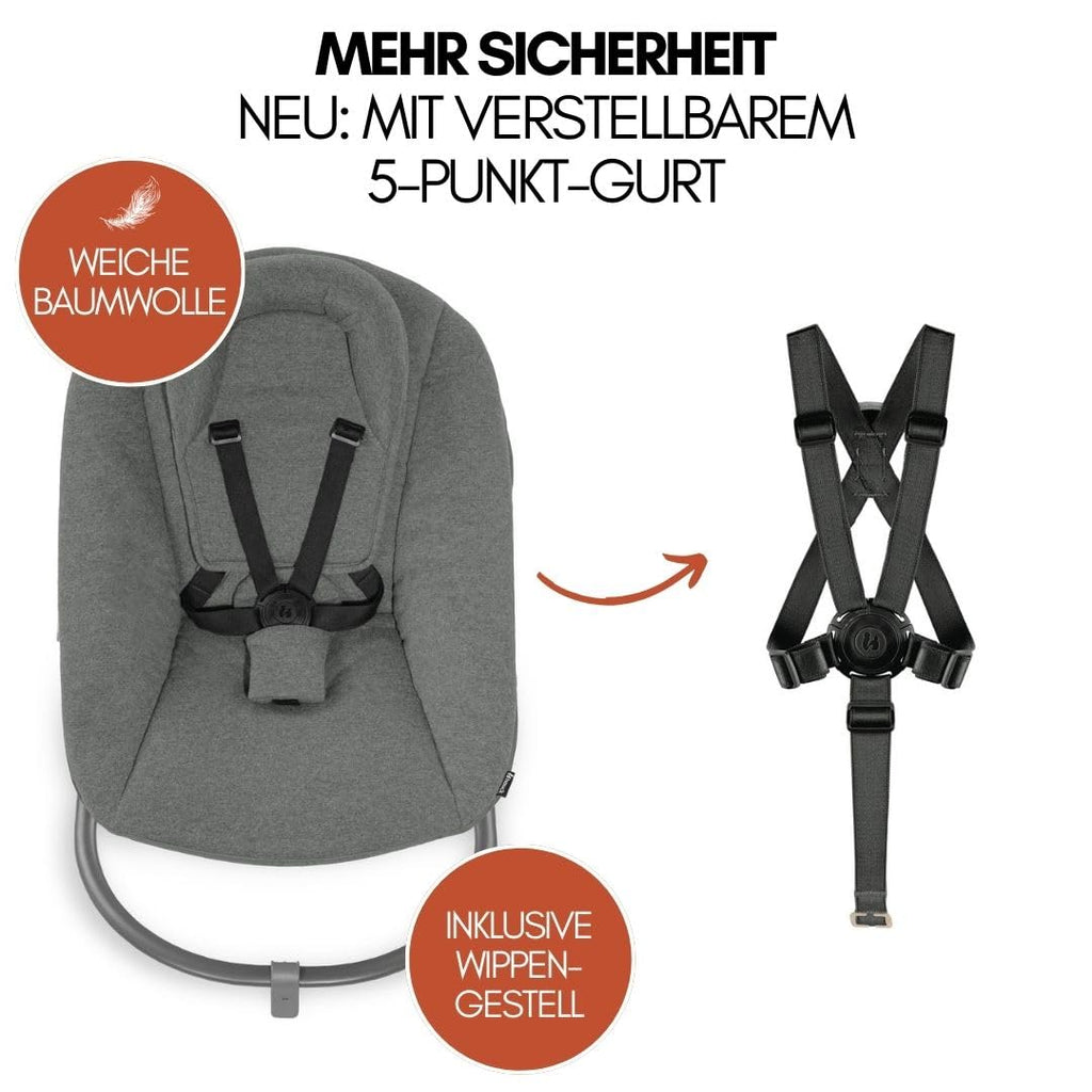 hauck Alpha Plus Newborn Set mit Premium Bouncer Dark Grey - Baby Holz Hochstuhl ab Geburt mit Liegefunktion - extra flacher Aufsatz für Neugeborene & Baumwoll Sitzpolster - Grau