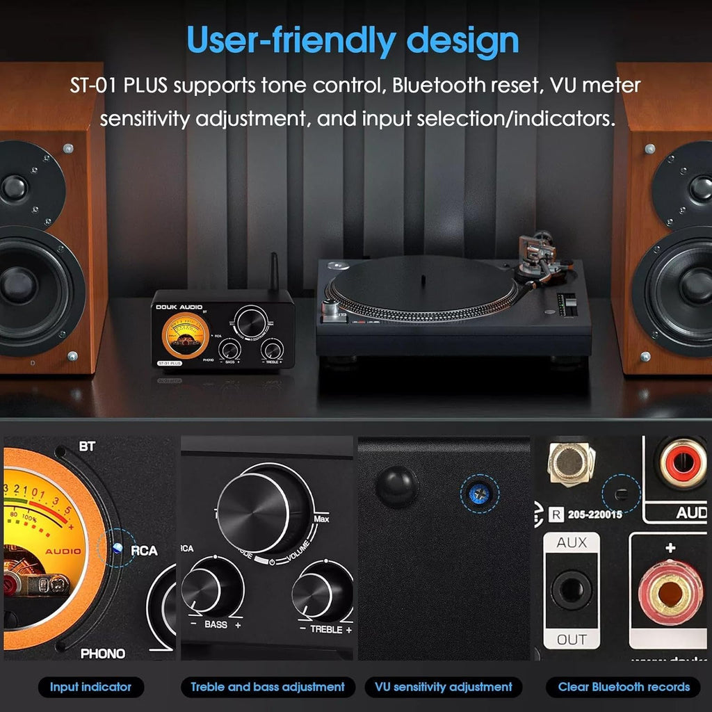 Douk Audio ST-01 PRO Amplificatore HiFi, Mini Amplificatore a Valvole da 200W con Bluetooth 5.0, VU Meter, Ingresso USB DAC Coassiale/Ottico (ST-01PRO)