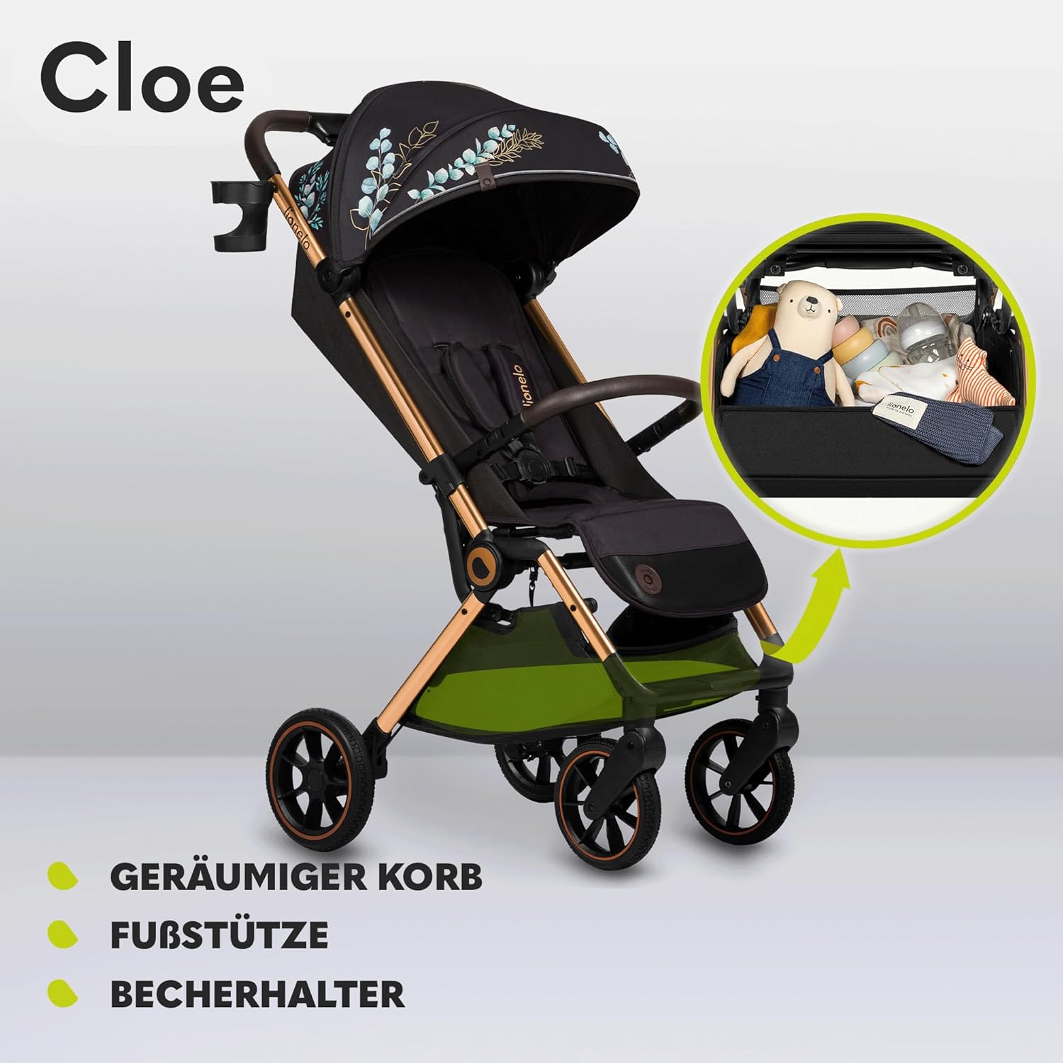 LIONELO Cloe Passeggino Pieghevole fino a 22 kg, Schienale Regolabile Funzione Nanna, Imbracatura a 5 Punti Grandi Ruote Girevoli Zanzariera Porta Bicchieri Leggero Compatto Impermeabile