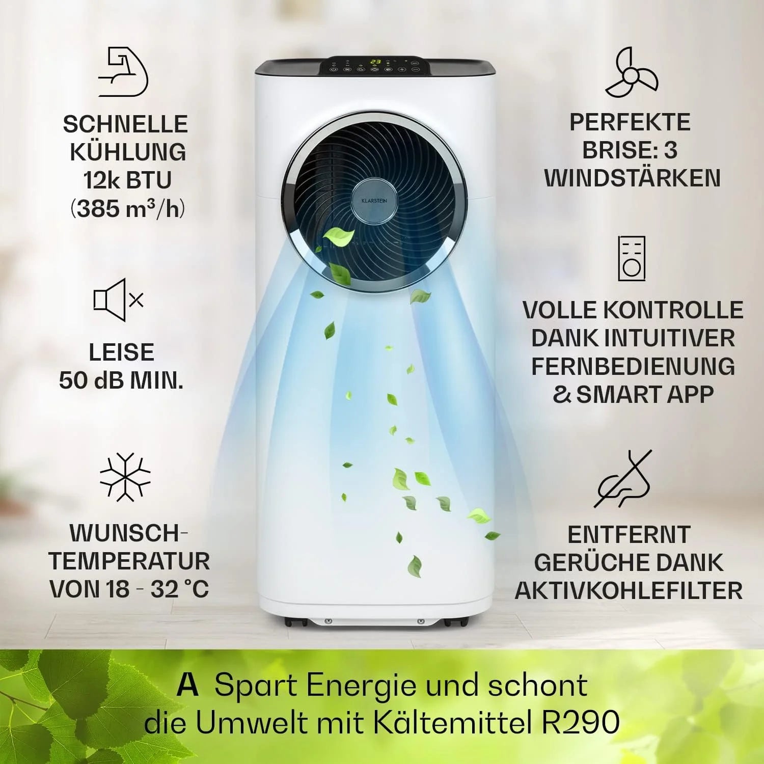 Klarstein Condizionatore Portatile 5-in-1 con Tubo di Scarico, Ventilatore, Deumidificatore, Purificatore d'Aria e Modalità Notturna, Controllo tramite App, Piccolo e Portatile, per Casa e Ufficio, 12000 BTU