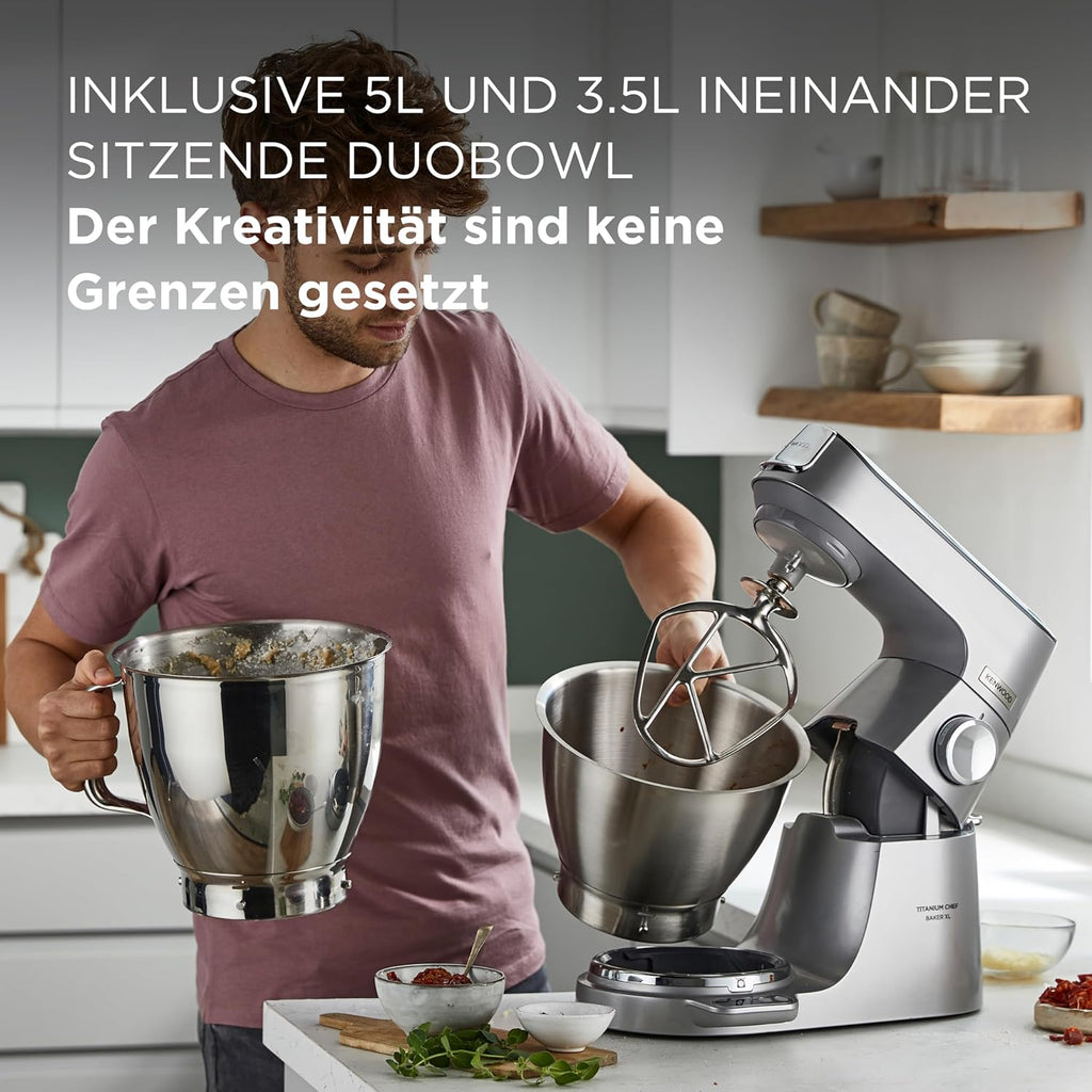 Kenwood Titanium Chef Baker KVL85.424SI Robot da cucina con bilancia integrata, incl. set pasticceria da 4 pezzi, ciotole da 7 L e 5 L, regolazione continua della velocità, 1200 W, Argento