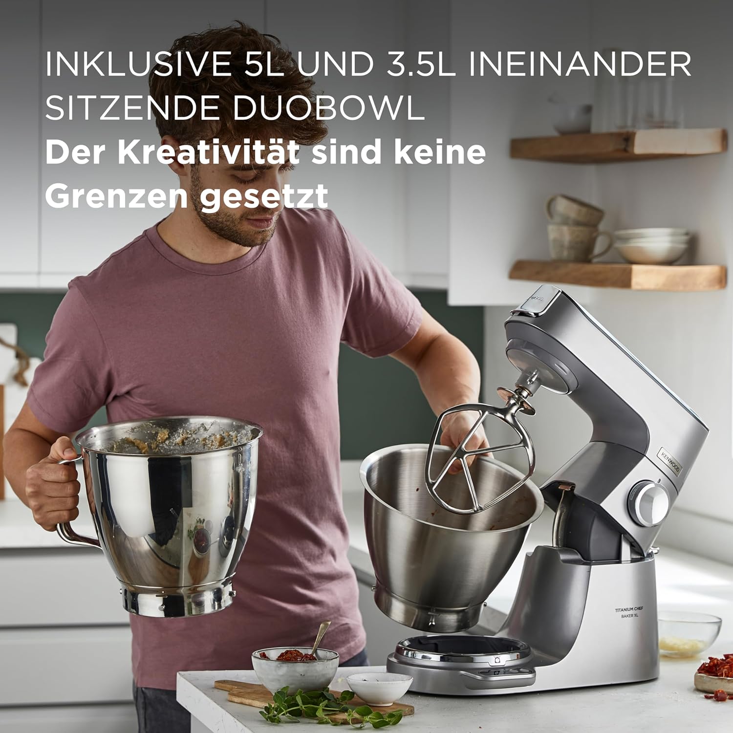 Kenwood Titanium Chef Baker KVL85.424SI Robot da cucina con bilancia integrata, incl. set pasticceria da 4 pezzi, ciotole da 7 L e 5 L, regolazione continua della velocità, 1200 W, Argento