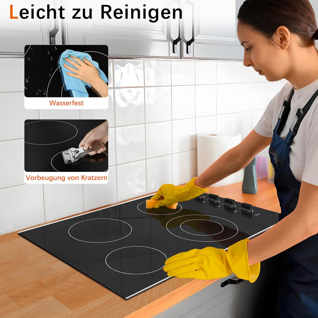 Karinear Einbau-Kochfeld aus Glaskeramik, 4 Kochfelder, mit doppelter ausziehbarer Zone, integrierter elektrischer Tisch mit Touch-Steuerung, Timer, Verriegelung für Kinder, 6600 W