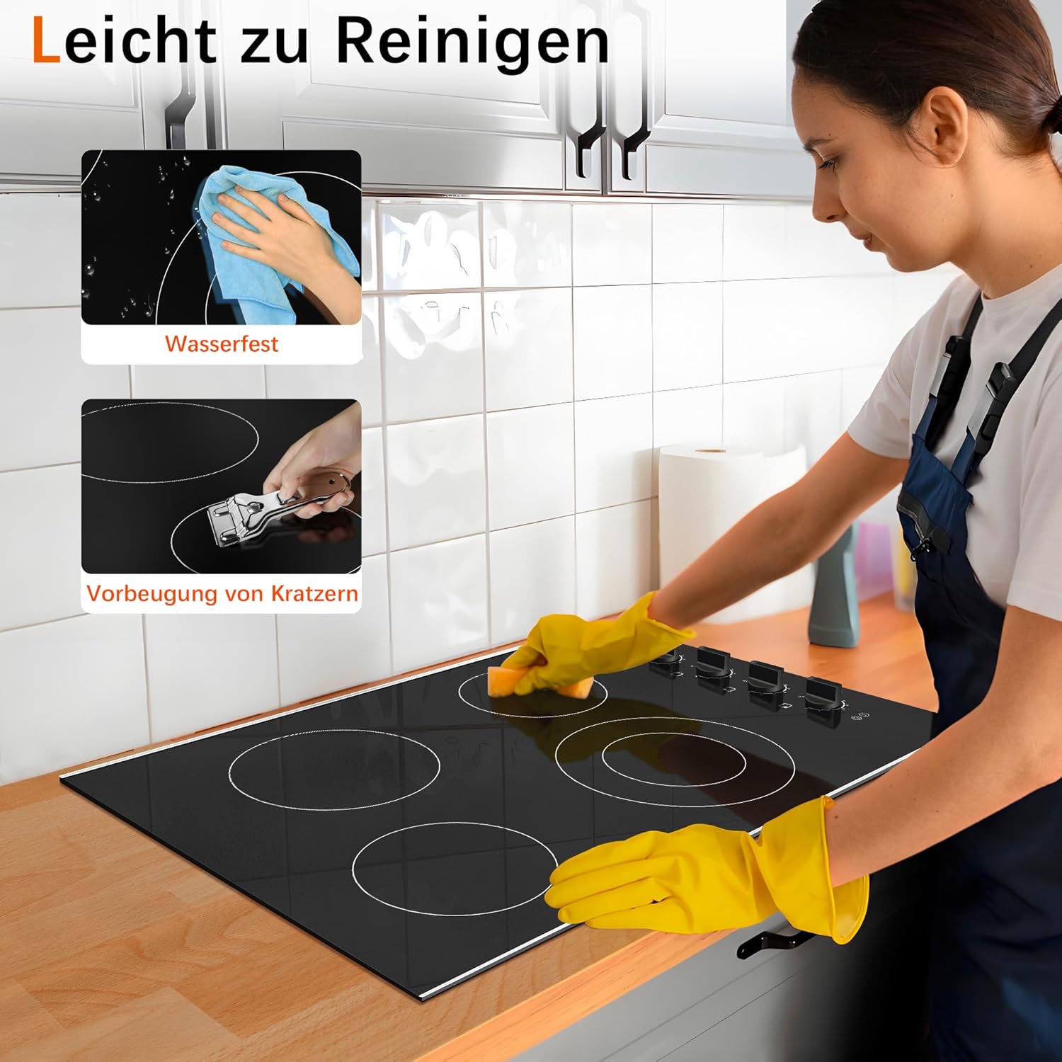 Karinear Einbau-Kochfeld aus Glaskeramik, 4 Kochfelder, mit doppelter ausziehbarer Zone, integrierter elektrischer Tisch mit Touch-Steuerung, Timer, Verriegelung für Kinder, 6600 W