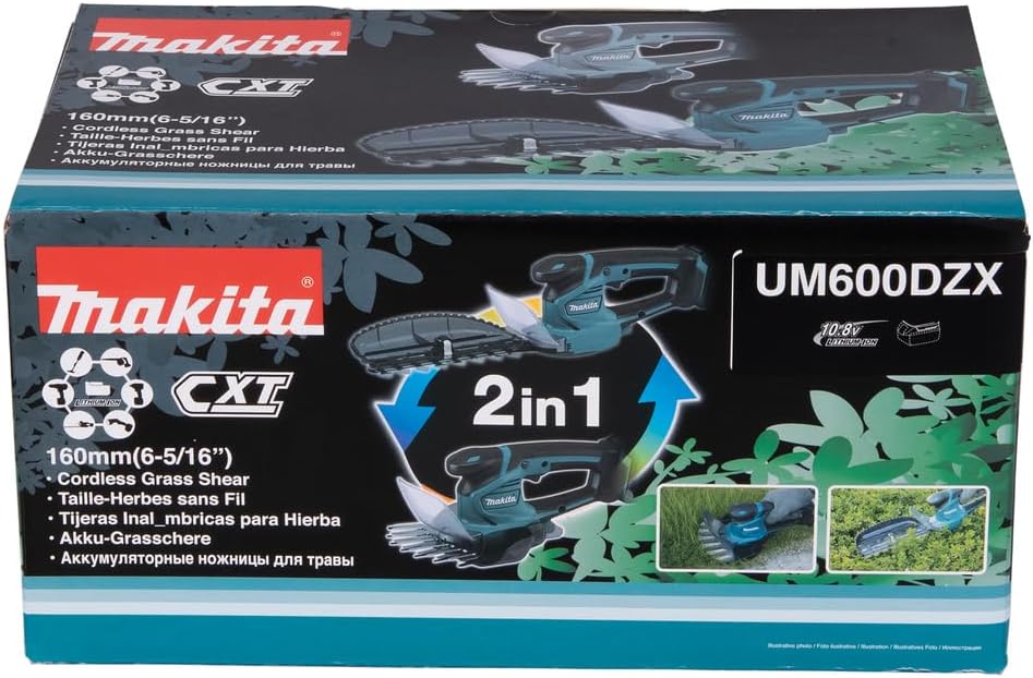 Makita UM600DSMEX Akku-Gras-Strauchschere 12V max, 4,0 Ah, 2 Akkus BL1041B, Ladegerät DC10SB, inklusive Schnittgutsammler