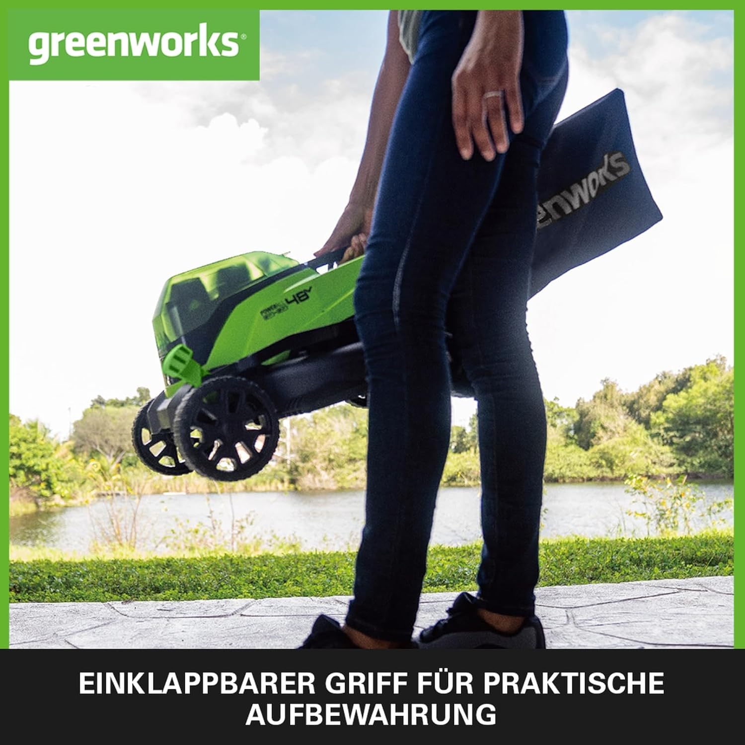 Greenworks 48V (2x24V) Selbstfahrender Akku Rasenmäher für große Flächen bis zu 480m², 46cm Schnittbreite, 55L Sack PLUS zwei 4Ah-Akkus und Doppelladegerät GD24X2LM46SPK4X