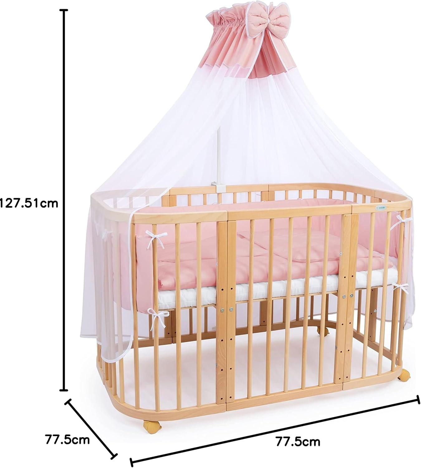 Waldin Lettino per bambini in legno 7in1 con materasso, Letto "Cresci con me", Ventilato, Base regolabile in 5 altezze, Set All-Inclusive, Legno Bianco