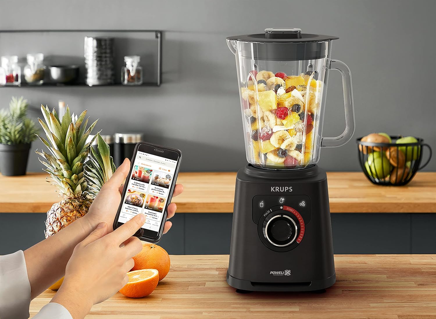 Krups KB403D Perfectmix + Hochleistungsstandmixer, 1.200W, 28.000 UpM, 2L Glasbehälter, 3 voreingestellte Programme, Powelix- Technologie, Edelstahl/Dunkelgrau