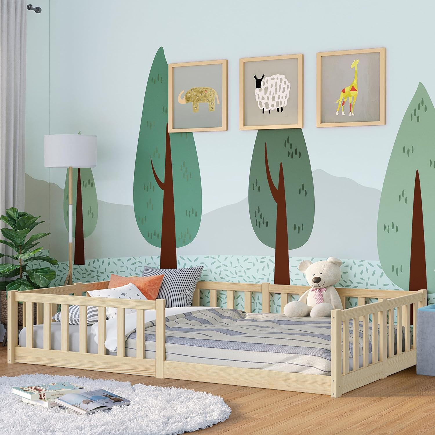 Bellabino Vere Letto a Pavimento 140x200 Montessori, Letto Matrimoniale con Protezione Anticaduta e Rete a Doghe, Letto per Bambini e Bambine in Legno Massello di Pino Bianco con Sbarre