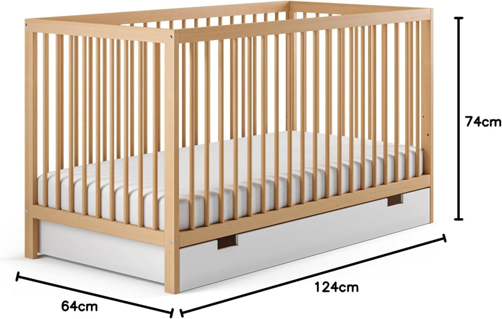 Kids Collective Lettino per neonati 60x120 regolabile in altezza e sponde rimovibili, opzionale con cassetto e materasso | Legno di faggio bianco molto stabile Prodotto in Europa