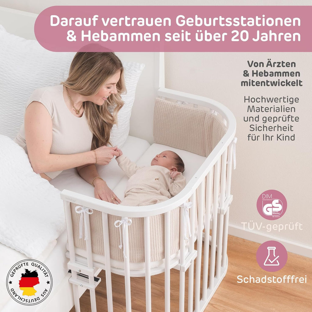 babybay Original Lettino da affiancare in massello di faggio / compatto e trasformabile / Altezza regolabile senza livelli preimpostati ed ecologico / Lettino evolutivo (laccato bianco) / Materasso incluso