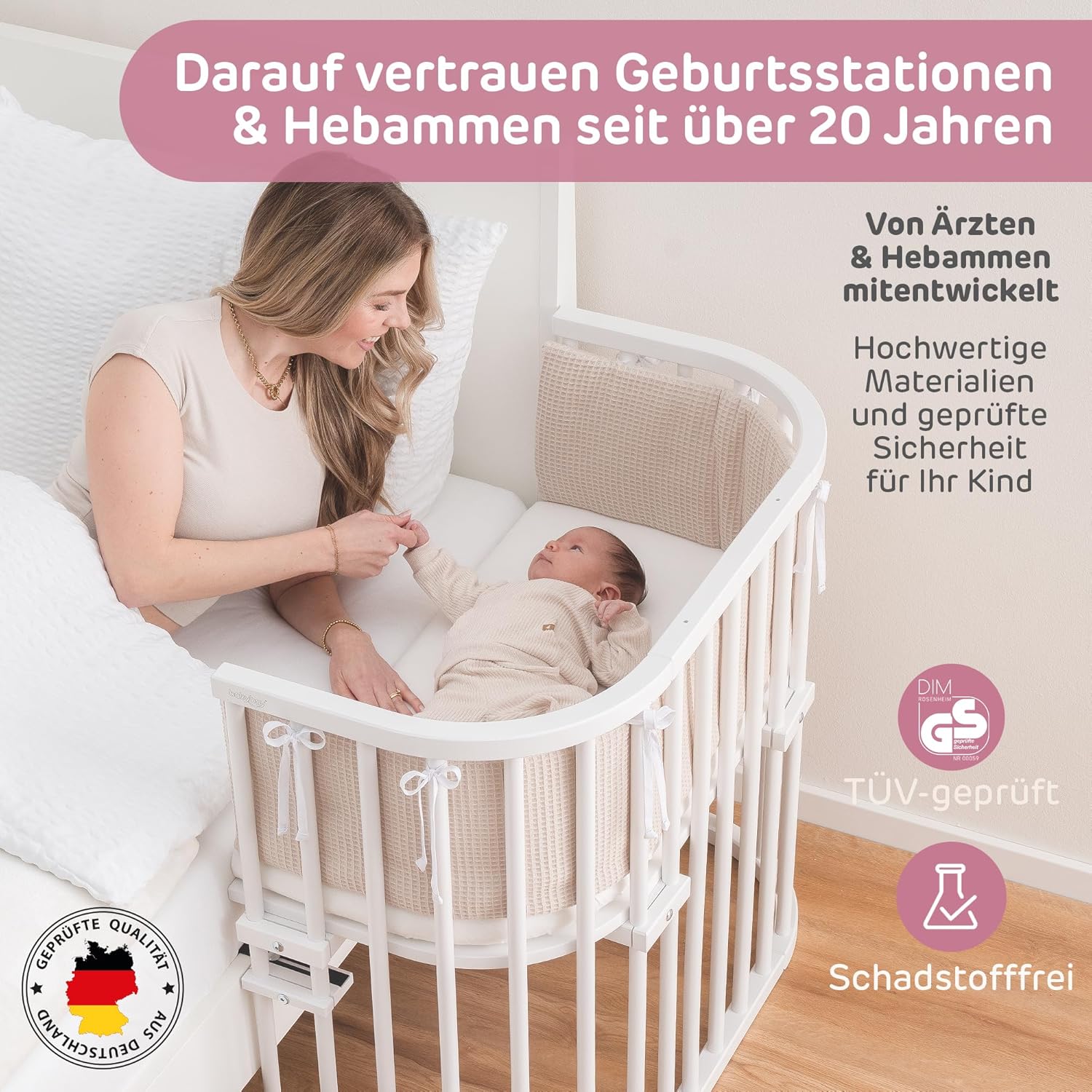 babybay Original Lettino da affiancare in massello di faggio / compatto e trasformabile / Altezza regolabile senza livelli preimpostati ed ecologico / Lettino evolutivo (laccato bianco) / Materasso incluso