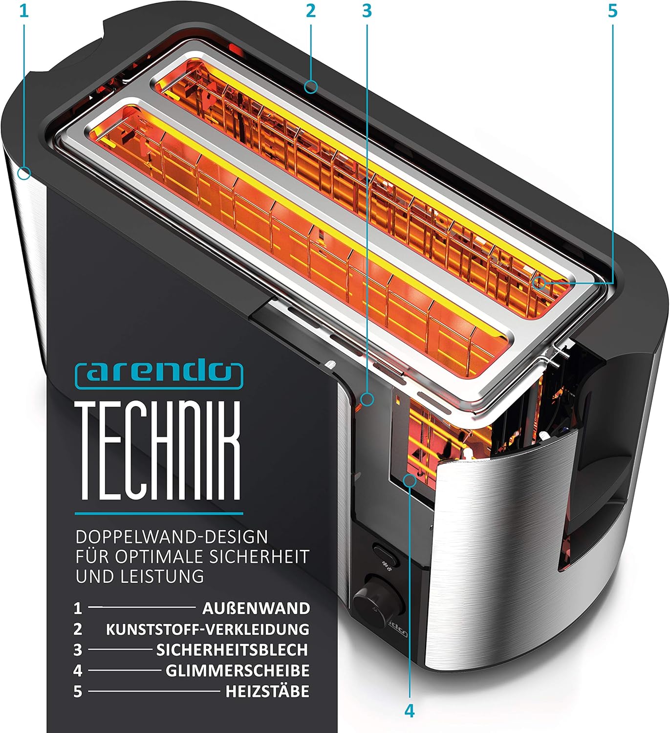 Arendo - Tostapane a fessura lunga in acciaio inox per 4 fette - Funzione scongelamento - Corpo isolante dal calore - Con scaldavivande integrato - Vassoio raccoglibriciole - Display con indicazione del tempo residuo - Nero opaco