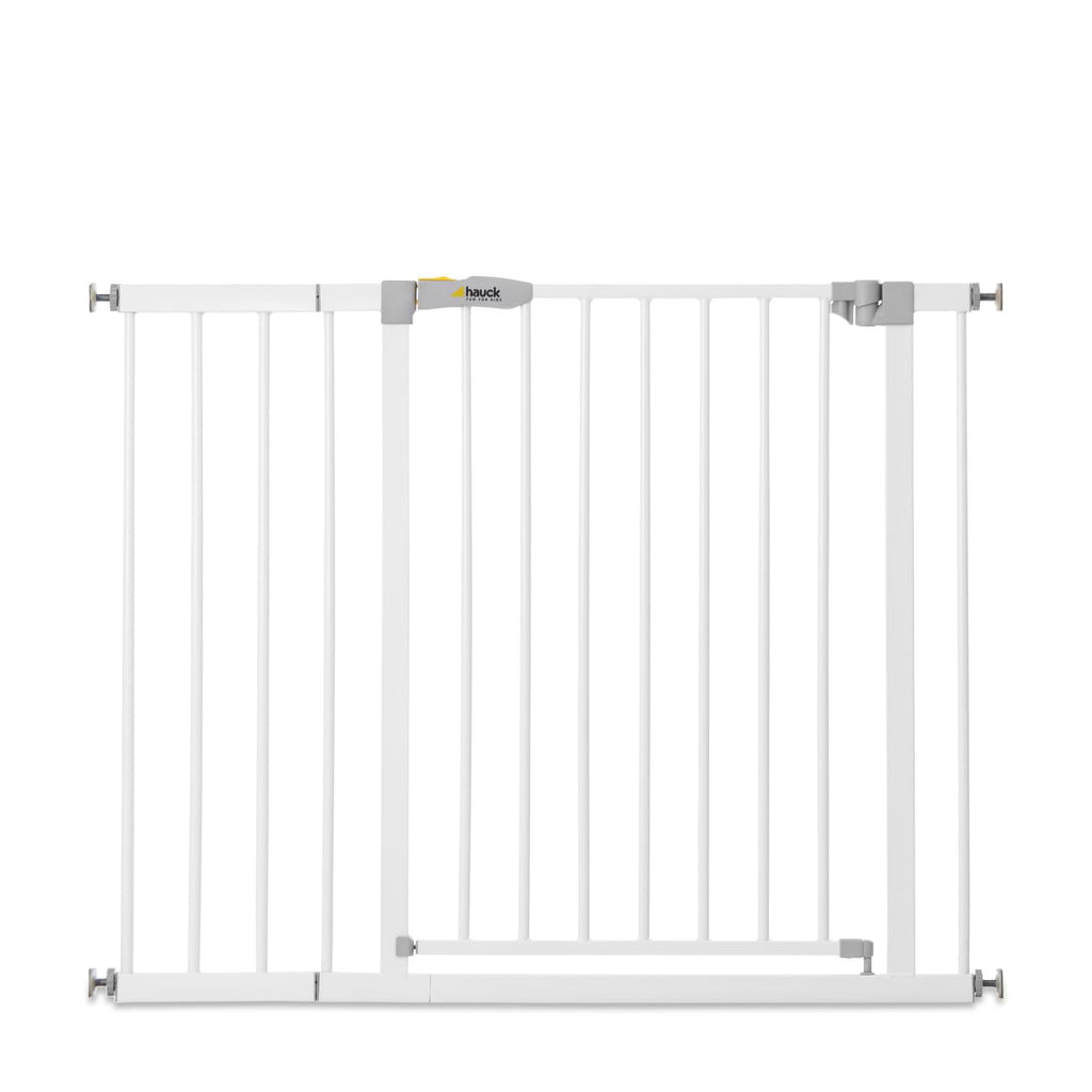 hauck Cancello di sicurezza / barriera di sicurezza Open N Stop KD con estensione da 21 cm per larghezze 96-101 cm, senza forare, 0-24 mesi, apertura con una mano, orientabile su entrambi i lati, metallo (bianco)