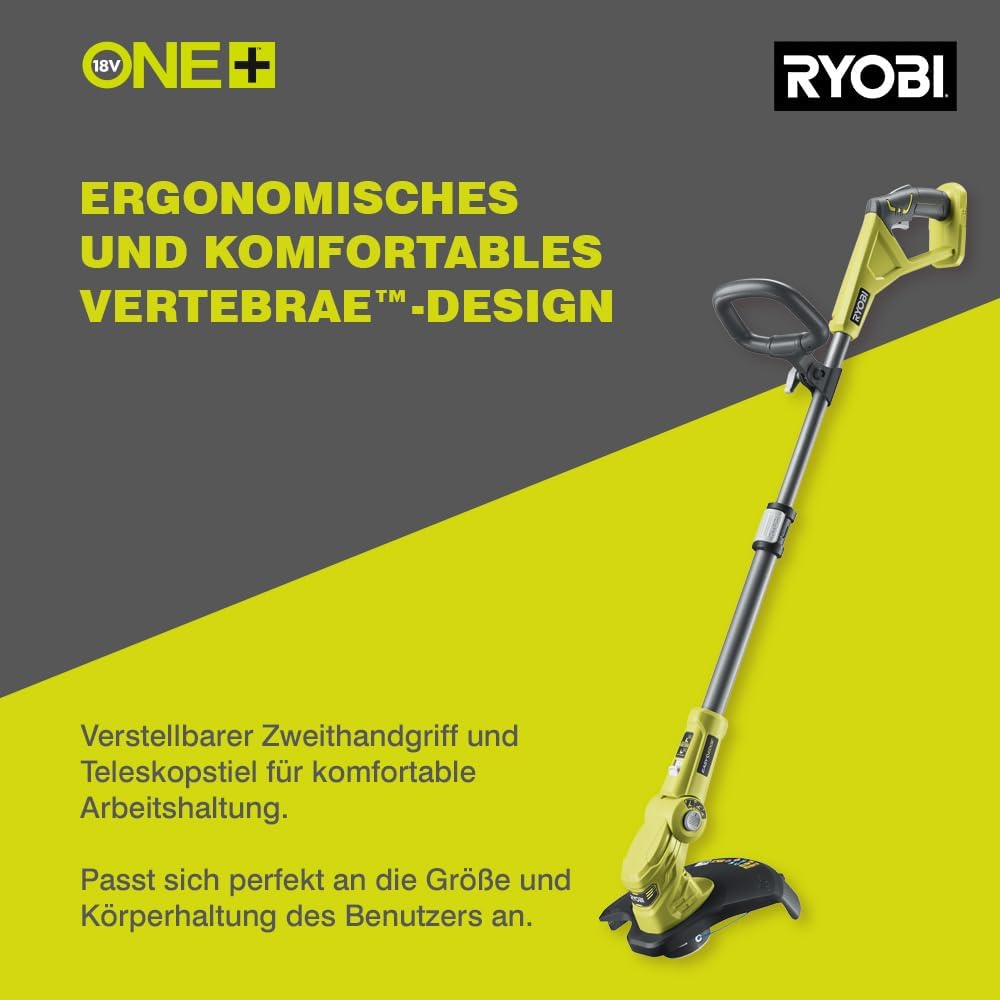 RYOBI 18 V ONE+ Akku-Rasentrimmer mit Radführung RY18LT33A-0 (33 cm Kantenschneidefunktion mit Fußsteuerung, Ø Fadenspule 1 x 1,65 mm, ohne Akku und Ladegerät)