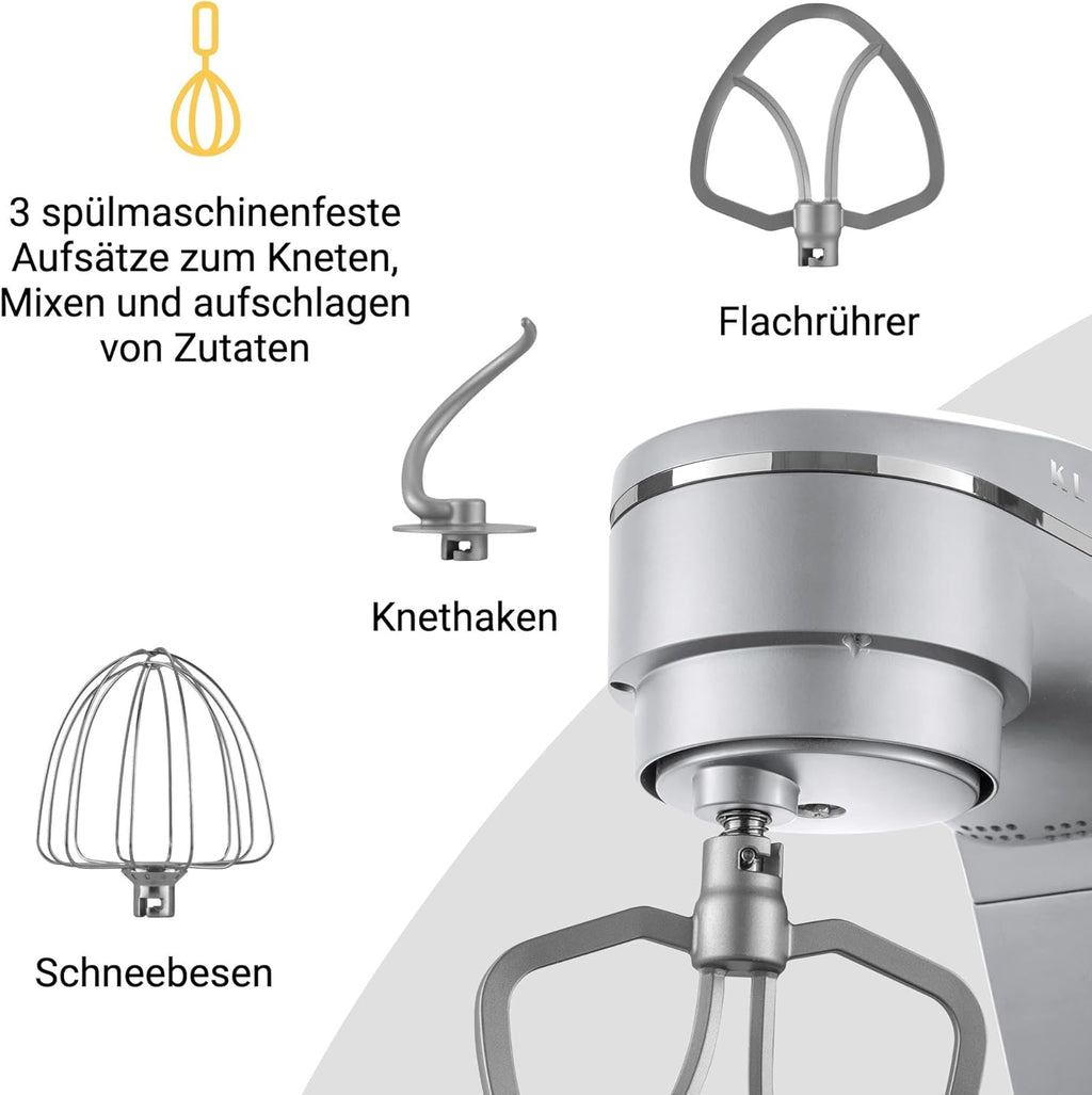 Impastatrice Planetaria KLAMER 1800W, con Ciotola in Acciaio Inossidabile da 6 Litri, 10 Velocità con Timer, Frusta a Filo, Gancio Impastatore, Frusta Piatta e Paraspruzzi