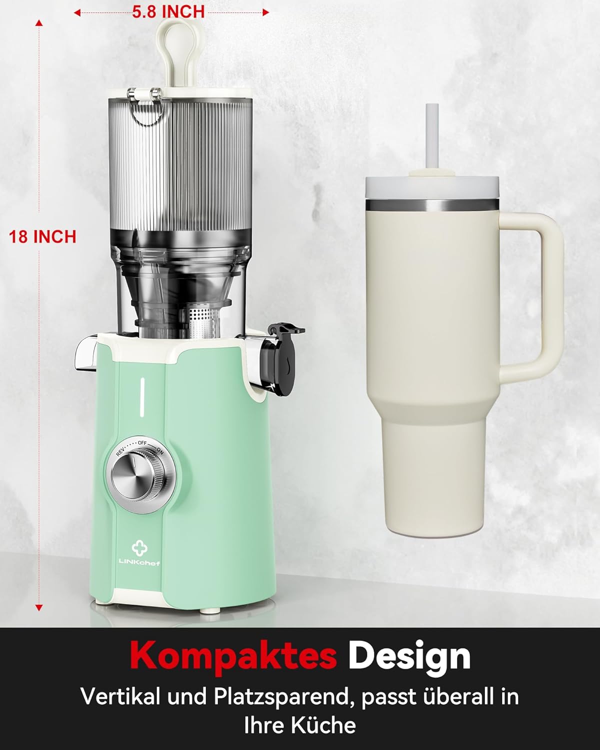 LINKChef Schnellreinigungs Entsafter, NO-Prep Entsafter Gemüse und Obst, Blitzreiniger Saftpresse Slow Juicer Testsieger mit Einfacher Installation, BPA Frei, 115mm, 1.2L, 200w Schwarz
