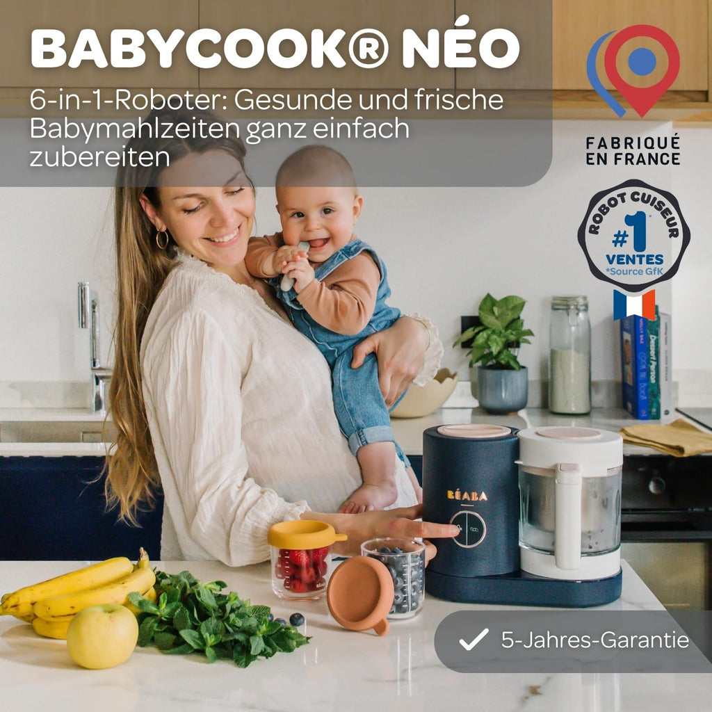 Béaba - Babycook Neo - 6 in 1 Babynahrungszubereiter - Schonender Dampfgarer - Glaskrug und Garkorb aus Edelstahl - Mineralgrau