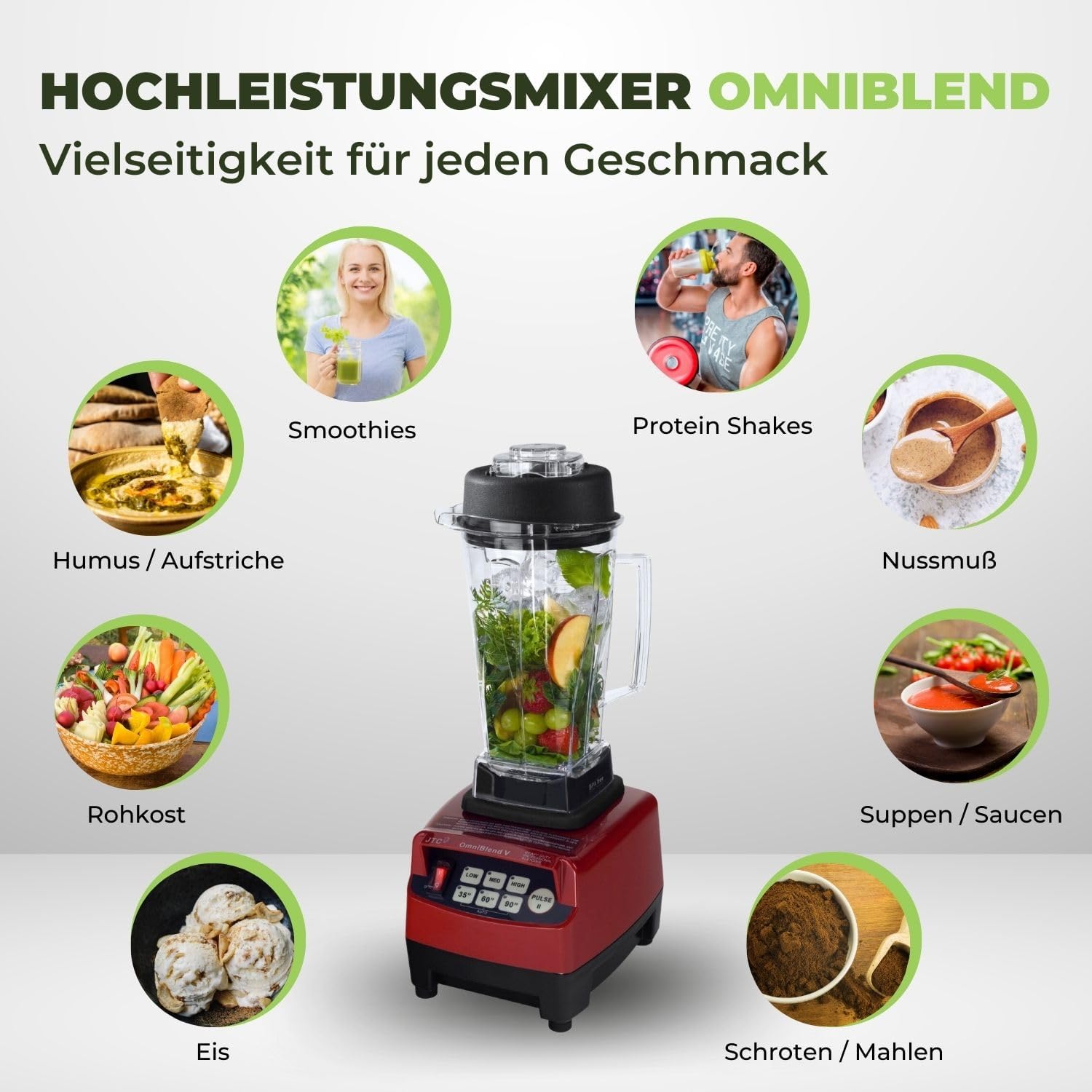 OmniBlend Frullatore 2L nero I Frullatore per smoothie con contenitore senza BPA e sistema a 6 lame in acciaio inox I Frullatore ideale per smoothie verdi I Frullatore da tavolo con motore da 3 CV