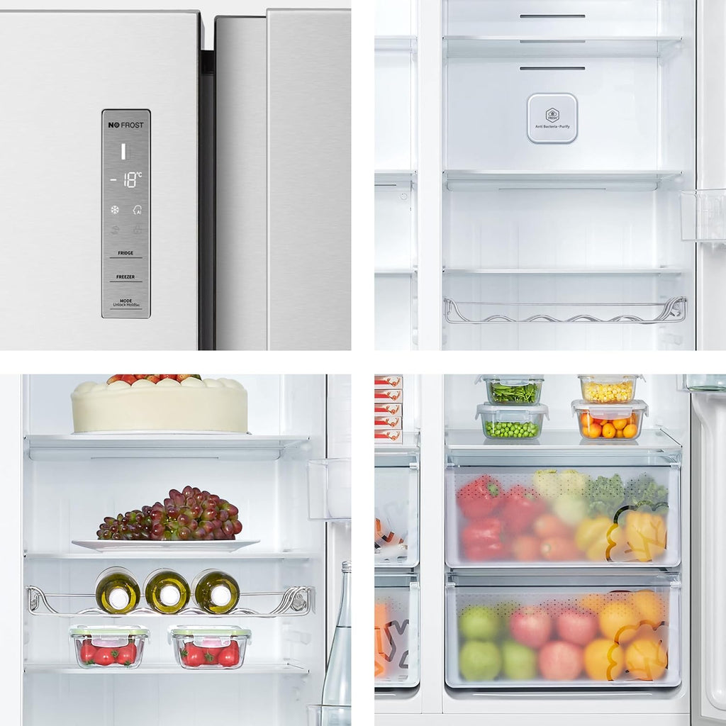 Hisense RS677N4BFD Frigorifero Americano Side by Side / Compressore Inverter / Porta Bottiglie / 2 FreshZone / Vano Verdure / Capacità Frigo 334 L / Capacità Congelatore 185 L / 41 dB / 247 kWh all'anno, Nero
