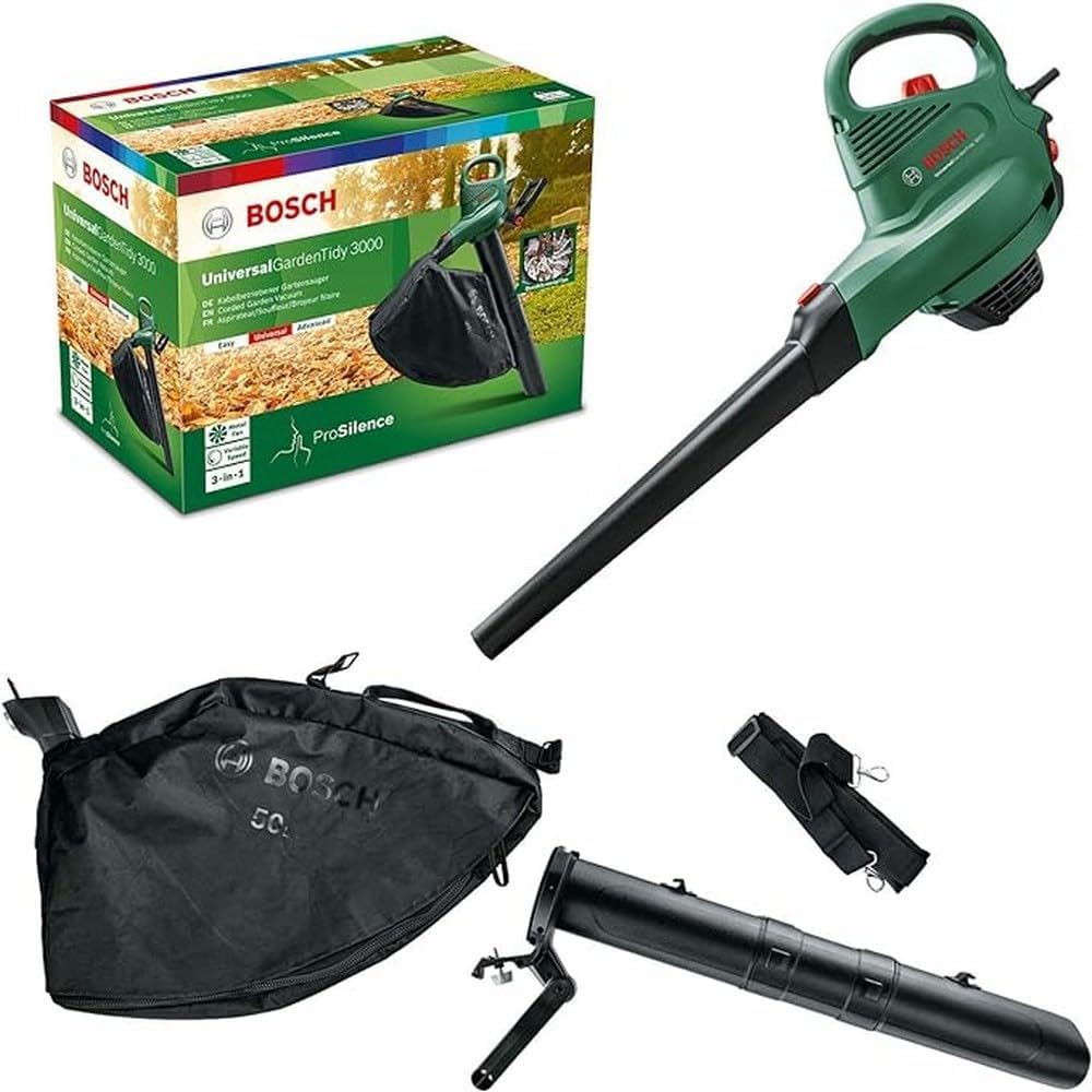 Bosch UniversalGardenTidy 3000 Soffiatore/Aspiratore Elettrico (3000 W, sacco di raccolta da 50 l, regolazione continua della velocità, per soffiare, aspirare e triturare foglie, in confezione di cartone)