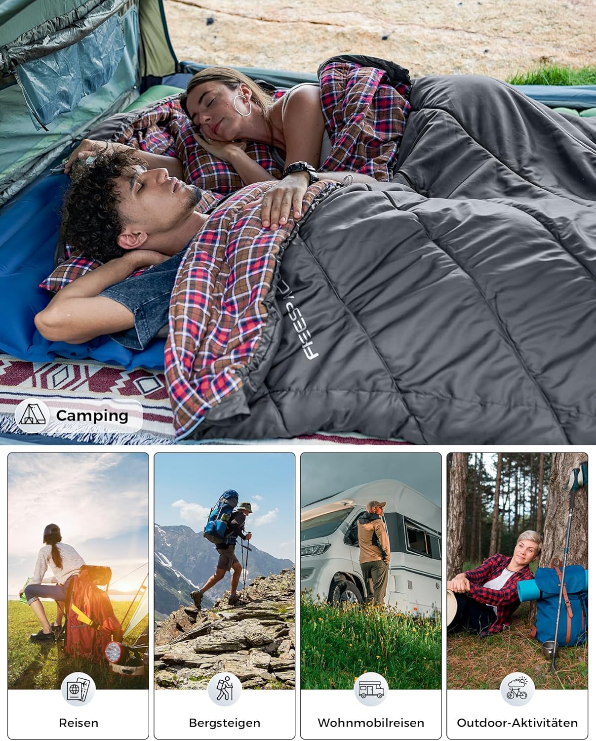 KingCamp Doppelschlafsack Flanell, Schlafsack 2 Personen, Schlafsack 3-4 Jahreszeiten, wasserfest, warm und komfortabel, verpackbar Schlafsack Outdoor