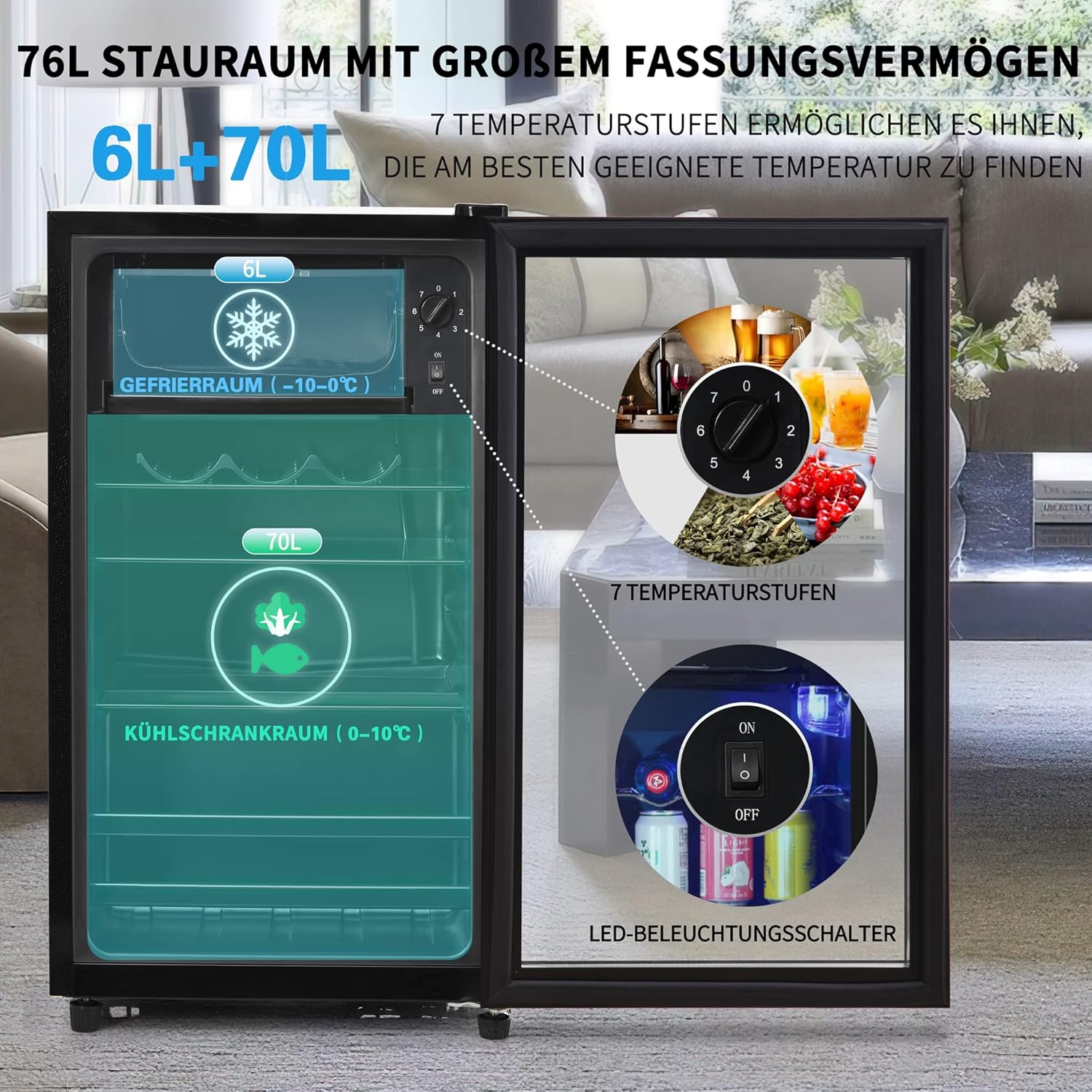 Frigorifero Merax 128L, Frigorifero da incasso per bevande con frigorifero da 120L + congelatore da 8L, con luce LED interna e ripiani regolabili, silenziosissimo per ristorante, bar, bevande e birra