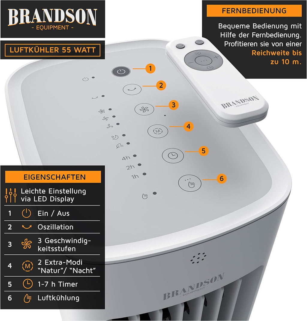 Brandson - Raffrescatore evaporativo 5 in 1 - Refrigeratore evaporativo, umidificatore, ventilatore e purificatore d'aria, condizionatore d'aria portatile senza tubo di scarico - Vincitore del premio 2025 - Silenzioso - Serbatoio dell'acqua da 5 litri
