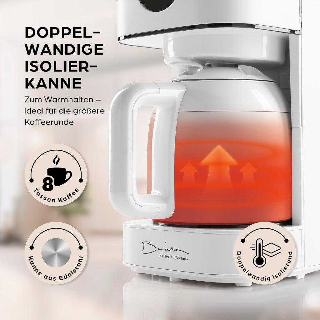 Barista Kaffeemaschine mit Mahlwerk | Filterkaffeemaschine mit Glaskanne | 900W Filtermaschine mit Touchdisplay & Timerfunktion für bis zu 10 Tassen | 1,25 Liter Kaffeekanne | Für Bohnen & Pulver