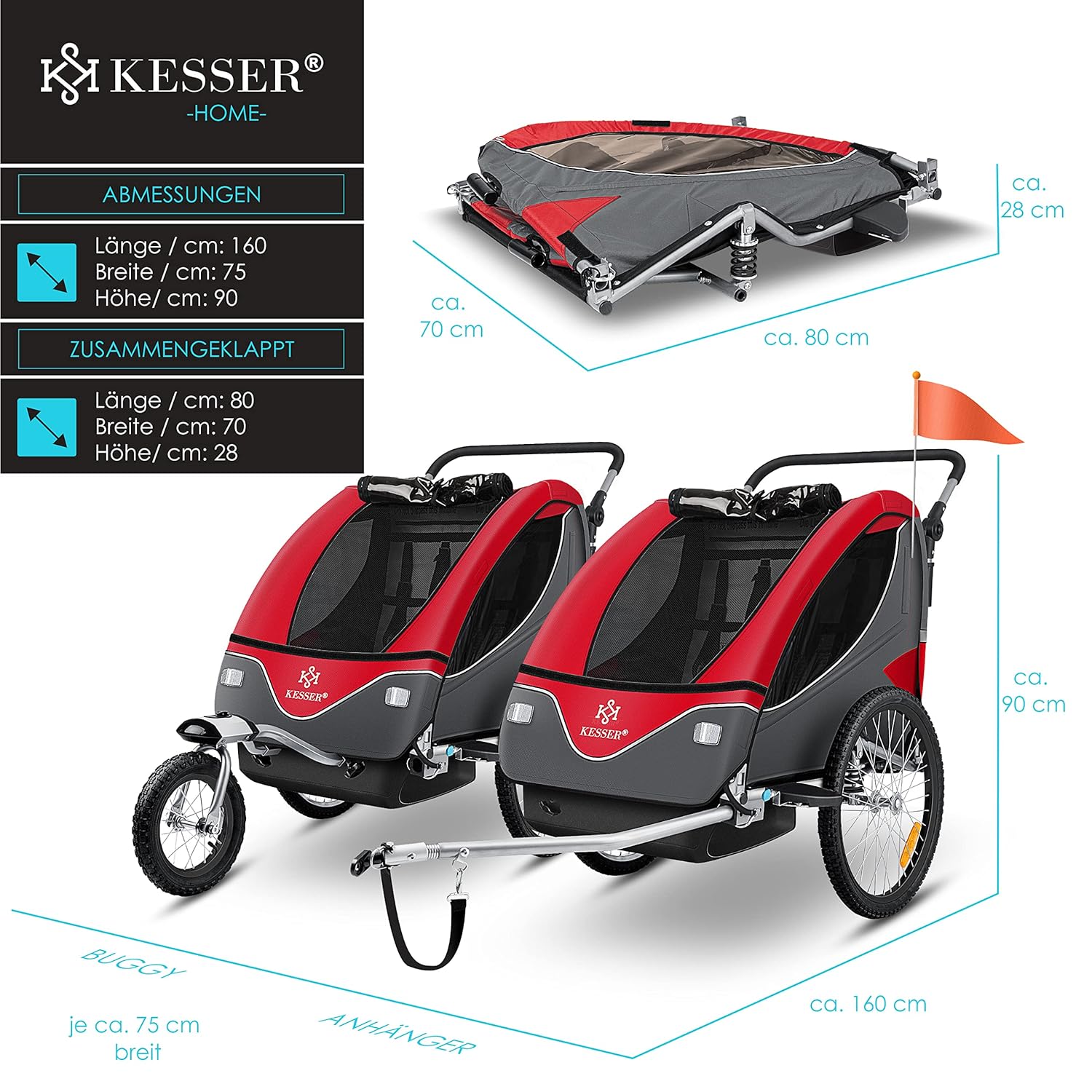 KESSER® Kinderanhänger Fahrradanhänger 360° Drehbar mit Federung 2in1 Joggerfunktion Kinderfahrradanhänger + 5-Punkt Gurt Jogger Fahrrad Anhänger für 1 bis 2 Kinder max. 40kg Inkl. Warnfahne Hellgrau