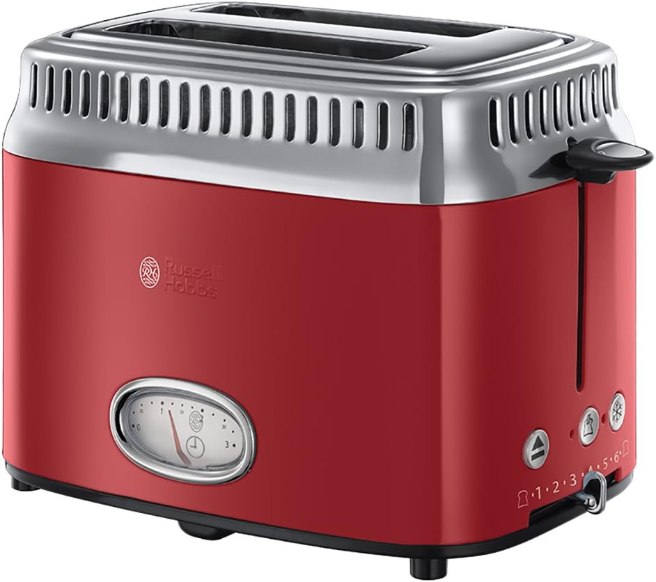 Russell Hobbs Tostapane [a 2 Fette] Retro Acciaio Inossidabile Rosso (Display Countdown in design retrò, incluso accessorio per panini, 6 livelli di doratura + funzione scongelamento e riscaldamento, 1300W) Vintage 21680-56